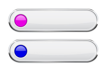 White oval buttons with blue and purple circles. Menu interface elements with chrome frame