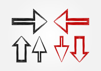 Vector set of pointers. Three isolated arrow icons. Black and red version.