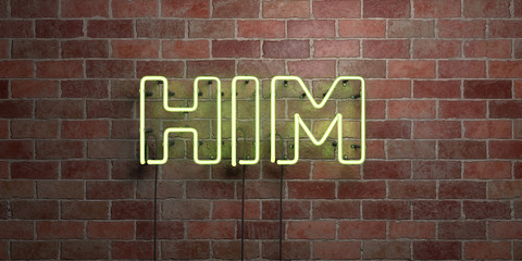 HIM - fluorescent Neon tube Sign on brickwork - Front view - 3D rendered royalty free stock picture. Can be used for online banner ads and direct mailers..