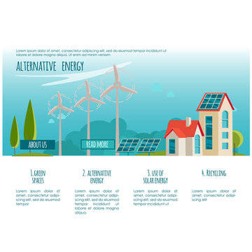 Ecology city. Alternative energy. Solar, wind power. Web page concept