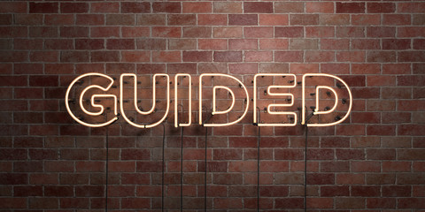 GUIDED - fluorescent Neon tube Sign on brickwork - Front view - 3D rendered royalty free stock picture. Can be used for online banner ads and direct mailers..