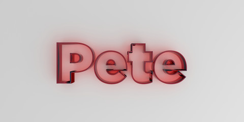 Pete - Red glass text on white background - 3D rendered royalty free stock image.