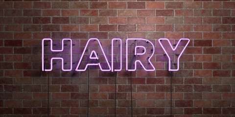 HAIRY - fluorescent Neon tube Sign on brickwork - Front view - 3D rendered royalty free stock picture. Can be used for online banner ads and direct mailers..