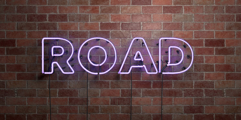 ROAD - fluorescent Neon tube Sign on brickwork - Front view - 3D rendered royalty free stock picture. Can be used for online banner ads and direct mailers..