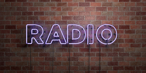 RADIO - fluorescent Neon tube Sign on brickwork - Front view - 3D rendered royalty free stock picture. Can be used for online banner ads and direct mailers..