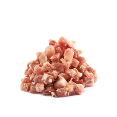 Pile of raw bacon bits isolated