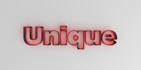 Unique - Red glass text on white background - 3D rendered royalty free stock image.