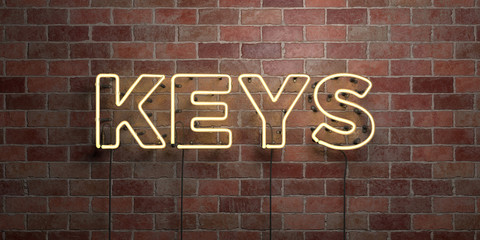 KEYS - fluorescent Neon tube Sign on brickwork - Front view - 3D rendered royalty free stock picture. Can be used for online banner ads and direct mailers..