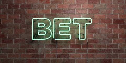 Fototapeta na wymiar BET - fluorescent Neon tube Sign on brickwork - Front view - 3D rendered royalty free stock picture. Can be used for online banner ads and direct mailers..