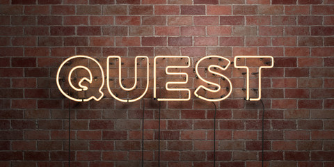 QUEST - fluorescent Neon tube Sign on brickwork - Front view - 3D rendered royalty free stock picture. Can be used for online banner ads and direct mailers..