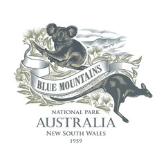 Коала, Кенгуру, национальный парк Голубые Горы, Австралия, имитация гравюры иллюстрация, вектор