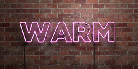 WARM - fluorescent Neon tube Sign on brickwork - Front view - 3D rendered royalty free stock picture. Can be used for online banner ads and direct mailers..
