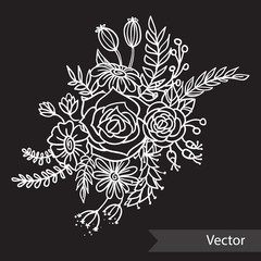 Beautiful bouquet of different flowers on black background. Monochrome style. Vector line art.