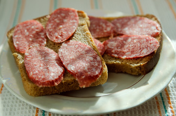 sandwiches of black bread with smoked sausage lies on a plate