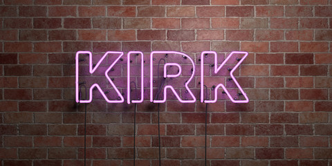 KIRK - fluorescent Neon tube Sign on brickwork - Front view - 3D rendered royalty free stock picture. Can be used for online banner ads and direct mailers..