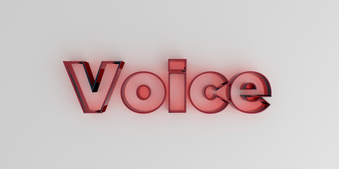 Voice - Red glass text on white background - 3D rendered royalty free stock image.