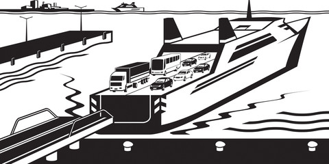Ferry boat docked in port - vector illustration