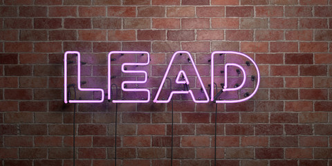 Fototapeta na wymiar LEAD - fluorescent Neon tube Sign on brickwork - Front view - 3D rendered royalty free stock picture. Can be used for online banner ads and direct mailers..