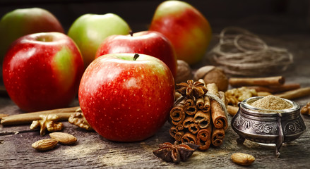 Fresh red and green apples, cinnamon sticks, ground cinnamon, anise stars, walnuts and hazelnuts on...