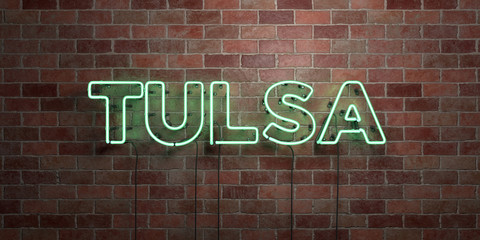 TULSA - fluorescent Neon tube Sign on brickwork - Front view - 3D rendered royalty free stock picture. Can be used for online banner ads and direct mailers..
