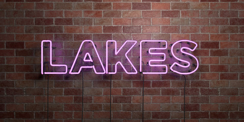 LAKES - fluorescent Neon tube Sign on brickwork - Front view - 3D rendered royalty free stock picture. Can be used for online banner ads and direct mailers..