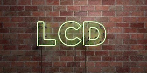 LCD - fluorescent Neon tube Sign on brickwork - Front view - 3D rendered royalty free stock picture. Can be used for online banner ads and direct mailers..