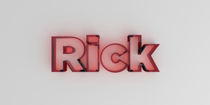 Rick - Red glass text on white background - 3D rendered royalty free stock image.
