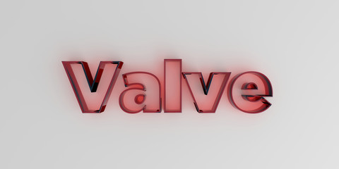 Valve - Red glass text on white background - 3D rendered royalty free stock image.