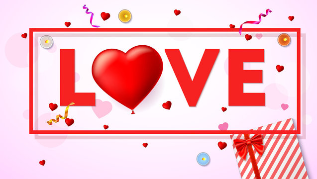 Love card with typography a large red heart in the form of an inflatable, scarlet balloon. Top view on composition with gift box, candles, tinsel and confetti. Template for greeting card or invitation