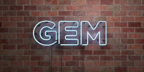 GEM - fluorescent Neon tube Sign on brickwork - Front view - 3D rendered royalty free stock picture. Can be used for online banner ads and direct mailers..
