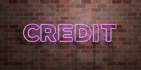 Obraz premium CREDIT - fluorescent Neon tube Sign on brickwork - Front view - 3D rendered royalty free stock picture. Can be used for online banner ads and direct mailers..