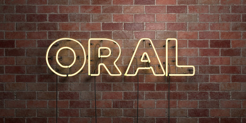 ORAL - fluorescent Neon tube Sign on brickwork - Front view - 3D rendered royalty free stock picture. Can be used for online banner ads and direct mailers..