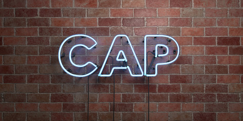 Fototapeta premium CAP - fluorescent Neon tube Sign on brickwork - Front view - 3D rendered royalty free stock picture. Can be used for online banner ads and direct mailers..