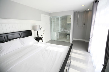 Interior of a luxury double bed hotel bedroom