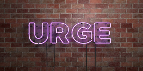 URGE - fluorescent Neon tube Sign on brickwork - Front view - 3D rendered royalty free stock picture. Can be used for online banner ads and direct mailers..
