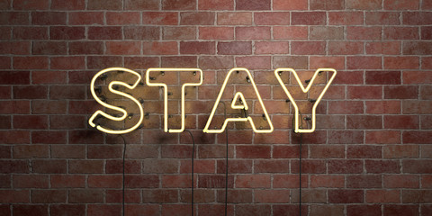 STAY - fluorescent Neon tube Sign on brickwork - Front view - 3D rendered royalty free stock picture. Can be used for online banner ads and direct mailers..