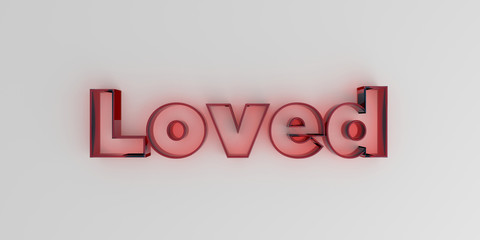 Loved - Red glass text on white background - 3D rendered royalty free stock image.