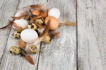 Easter background made from Easter eggs and chicken feathers