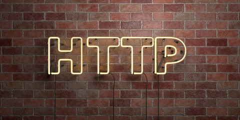 HTTP - fluorescent Neon tube Sign on brickwork - Front view - 3D rendered royalty free stock picture. Can be used for online banner ads and direct mailers..