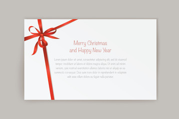 Vector paper christmas card with red ribbon.
