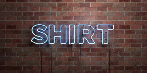 SHIRT - fluorescent Neon tube Sign on brickwork - Front view - 3D rendered royalty free stock picture. Can be used for online banner ads and direct mailers..