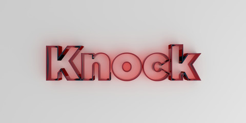 Knock - Red glass text on white background - 3D rendered royalty free stock image.