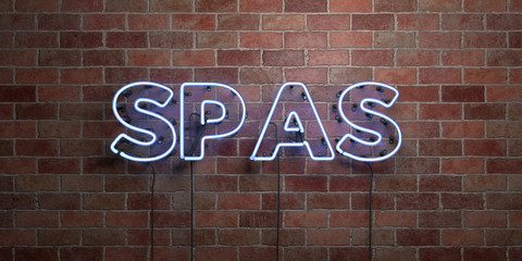 Obraz premium SPAS - fluorescent Neon tube Sign on brickwork - Front view - 3D rendered royalty free stock picture. Can be used for online banner ads and direct mailers..