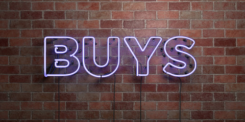BUYS - fluorescent Neon tube Sign on brickwork - Front view - 3D rendered royalty free stock picture. Can be used for online banner ads and direct mailers..