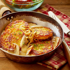 Fried Potato Pancakes with Cream Sauce and Apples