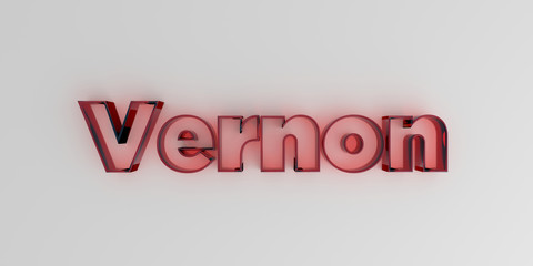 Vernon - Red glass text on white background - 3D rendered royalty free stock image.