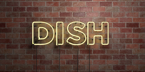 DISH - fluorescent Neon tube Sign on brickwork - Front view - 3D rendered royalty free stock picture. Can be used for online banner ads and direct mailers..