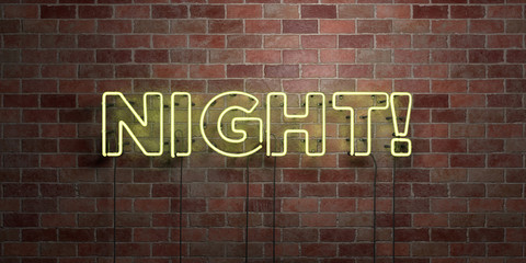 Fototapeta na wymiar NIGHT! - fluorescent Neon tube Sign on brickwork - Front view - 3D rendered royalty free stock picture. Can be used for online banner ads and direct mailers..