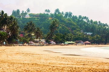 Fototapeta na wymiar Beach with palms, beach loungers and sun-umbrellas in hot season