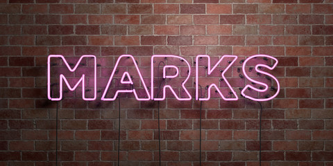 MARKS - fluorescent Neon tube Sign on brickwork - Front view - 3D rendered royalty free stock picture. Can be used for online banner ads and direct mailers..